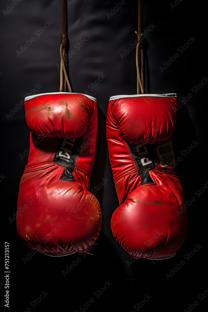 Grit and Glory: Suspended Pair of Worn Red Leather Boxing Gloves, a Testament to Resilience and Determination