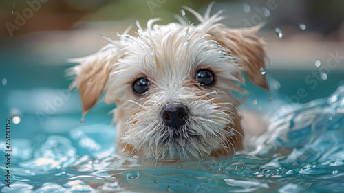 a white puppy swimming in the swimming pool, in the style of light,generative ai © Suralai