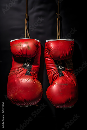 Grit and Glory: Suspended Pair of Worn Red Leather Boxing Gloves, a Testament to Resilience and Determination © Alvin