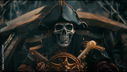 The skull of a pirate at the helm of a ship