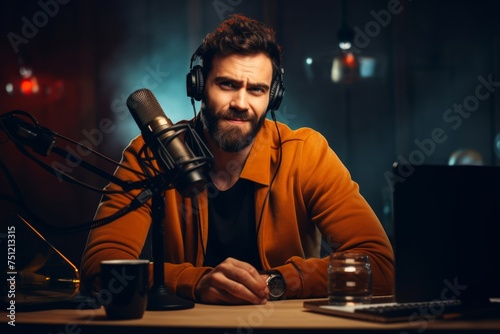 A podcast male host speaking into a microphone, with soft lighting highlighting their focused expression, notes and a cup of coffee on the desk