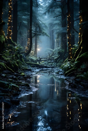 Foggy night in the forest with lights and reflections on the water