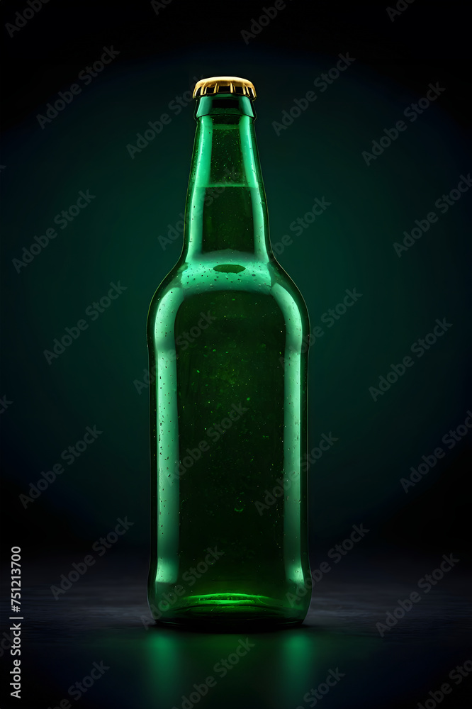 Empty green transparent beer full bottle front view perfect size for alcohol product mockup design in dark background with neon light leak. Empty green transparent beer full bottle front view perfect size for alcohol product mockup design in dark background with neon light leak.