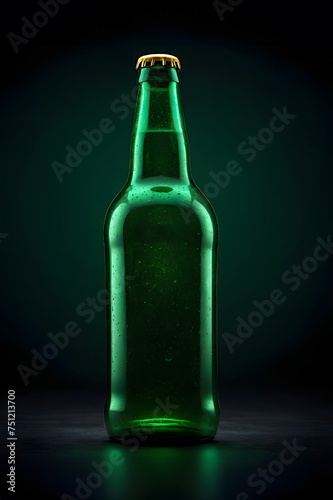 Empty green transparent beer full bottle front view perfect size for alcohol product mockup design in dark background with neon light leak.
