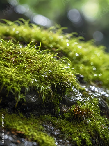 Close-up beautiful green moss covered on the rock in tropical rain forest with sun light flared natural freshness background concept. 