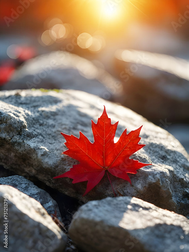 Maple leaves adorn rocky autumn winter landscape in a burst, Creating a vibrant foliage scene in the public park.