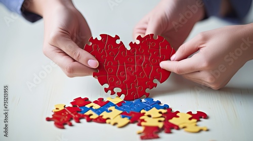 Love Relationship Puzzle. Two People Put Together a Heart-Shaped Puzzle Creating a Symbol of Building Love Relationships