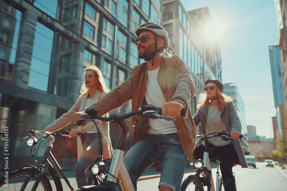 Obraz premium Stylish Urban Trio on Electric Bikes Under City Sunlight