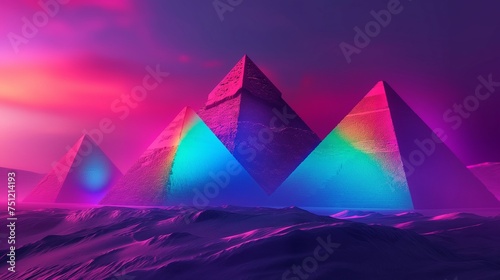 A surreal landscape of abstract pyramids  softly lit with a spectrum of neon colors  creating a dreamlike and minimalist ambiance.