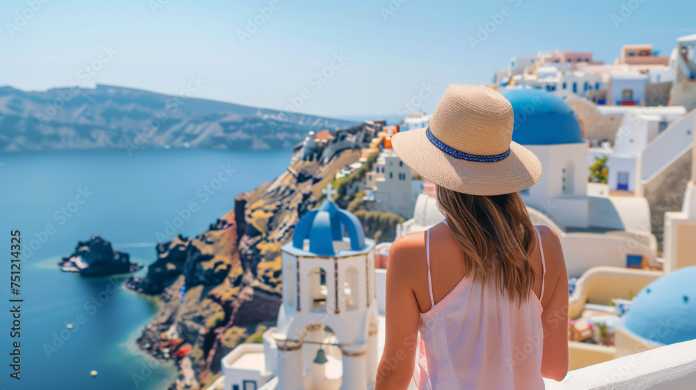 Obraz premium a woman on holiday on Santorini Island, with a classic island landscape in the background consisting of white buildings with beautiful blue roofs and a bright blue sky, Ai Generated Images