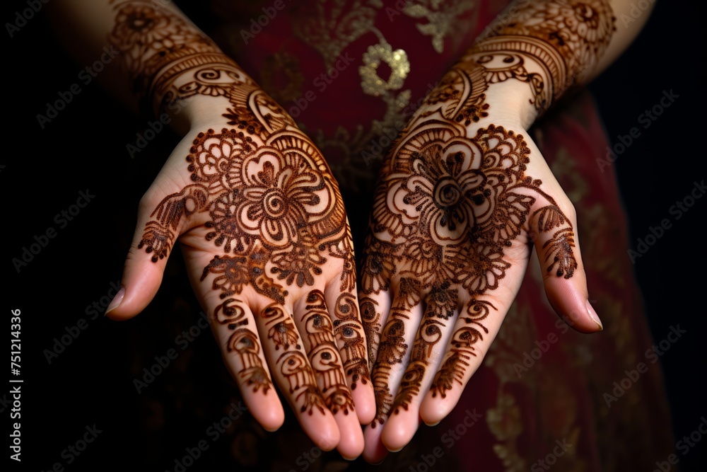 Fototapeta premium Intricately designed henna patterns adorning the hands of girl in preparation for Eid al-Fitr celebrations, symbolizing beauty and tradition.