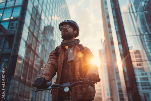 Urban Cyclist Riding Through Highrise Cityscape at Sunset