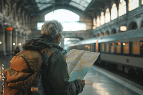 Senior Traveler Navigating Train Station with Map