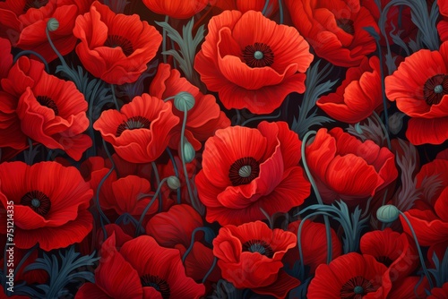 Background from a field of red poppy flowers in a dark key