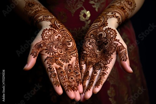  Intricately designed henna patterns adorning the hands of girl in preparation for Eid al-Fitr celebrations, symbolizing beauty and tradition.