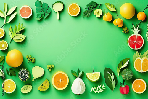 Papercut style fruit and vegetable background. World vegan day. Green background and copy space
