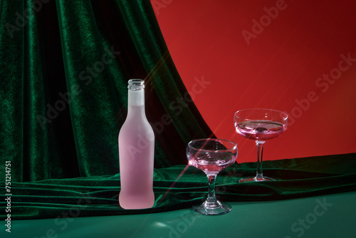 Creative arrangement with champaign glasses, shiny Christmas