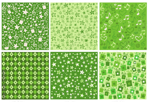 Set of seamless green patterns. Abstract geometric floral textures. Spring summer decor. Simple cute pattern design for babies, kids. Perfect for textile, wallpaper or print design,  greetings card