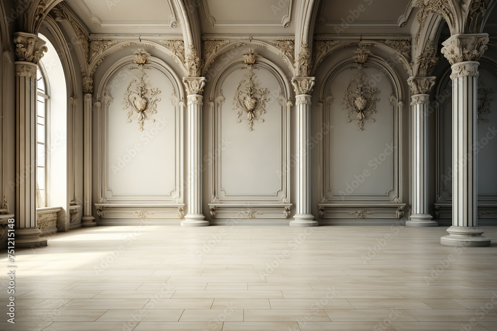 Old antique building with high columns, view from the inside. Generated by artificial intelligence Old antique building with high columns, view from the inside. Generated by artificial intelligence