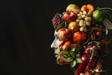 Various food such as vegetables, fruits and peas in head. Nutrition for brain health. Generative AI.