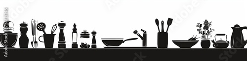 black and white illustration of kitchen utensils and empty space on white background, design for advertising and business banner poster