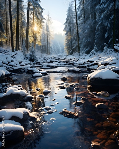 Beautiful winter landscape with a frozen mountain river in the forest.