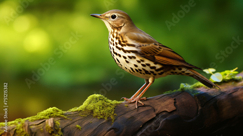 Song Thrush Turdus philomelos perched on log with photo