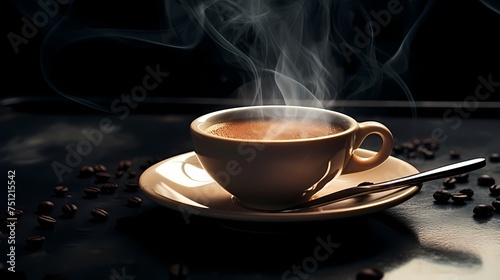 A cup of steaming hot coffee on a saucer with a spoon beside it.