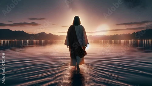 Jesus walk on the water, motion loop, Video background the day of the resurrection of Jesus Concept 