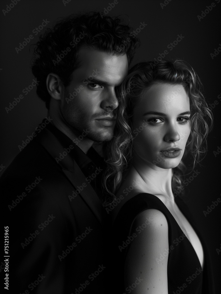 Elegant couple in a black and white portrait, dramatic and intense Elegant couple in a black and white portrait, dramatic and intense