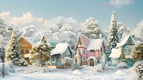 Winter Wonderland A Snowy Village with a Pink House and Blue Houses Generative AI © Satyam