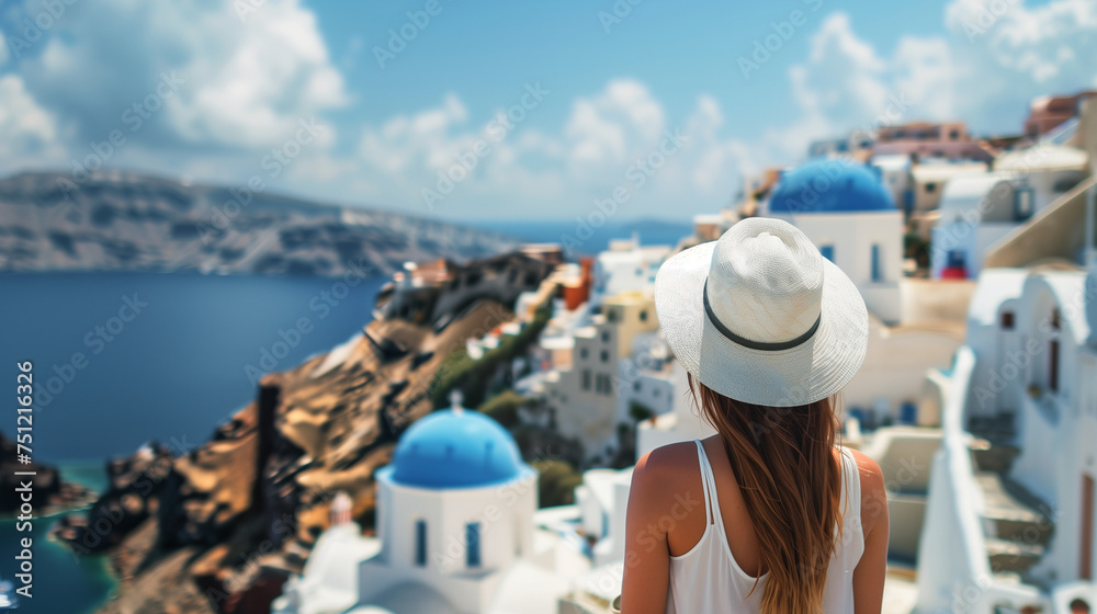 Obraz premium a woman on holiday on Santorini Island, with a classic island landscape in the background consisting of white buildings with beautiful blue roofs and a bright blue sky, Ai Generated Images