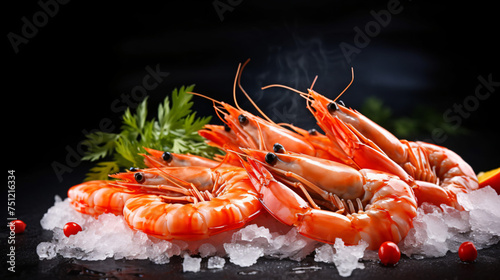 Steamed shrimp isolated on dark background with co