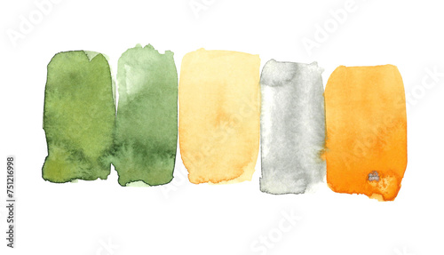 Green spring. A set of watercolor paints of five pastel rectangular shapes in different colors: light gray, various greens, peach and yellow shades. Hand illustration