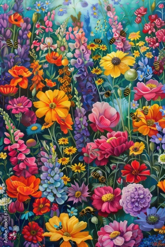 Contemporary oil painting with colorful flowers