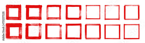 Set of vector red color grunge ink brush stroke hand-painted squares. Neat and clean highlighter collection. Grunge punk blood color rough frames. Red text box bg. Straight line distressed rectangles