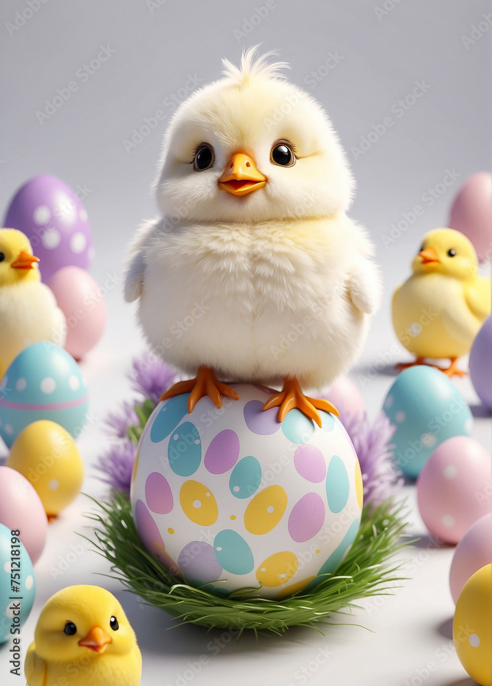 a small fluffy chicken sits on an Easter egg. Easter