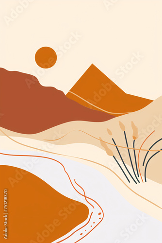 Abstract contemporary aesthetic landscapes with Sun  Sea  wave  mountains. Mid century modern