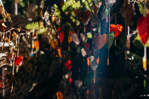 Coloured hearts hanging from a tree in the gardens of a Buddhis temple