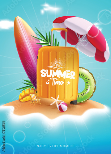 Summer time text vector poster design. It's summer time greeting with luggage bag, surfboard, floaters and umbrella elements in sand island beach seashore background. Vector illustration summer time 