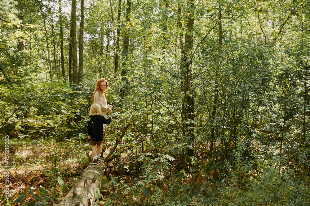 boy and mother walking in the woods boy and mother walking in the woods