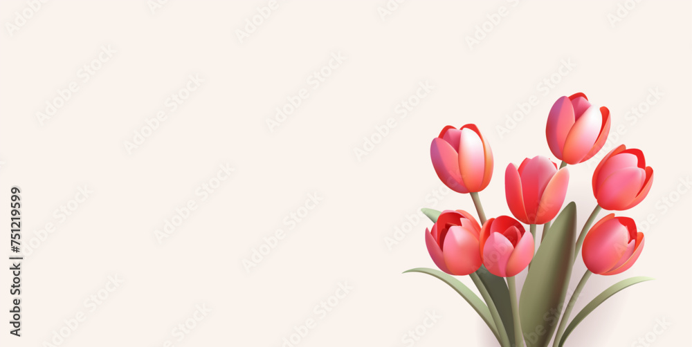 Tulips bouquet. Realistic 3d render spring flowers illustration, banner or poster decor with place for your copy