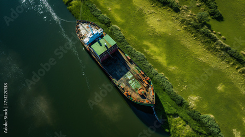 Top down view on inland cargo ship in dutch canal © Anaya