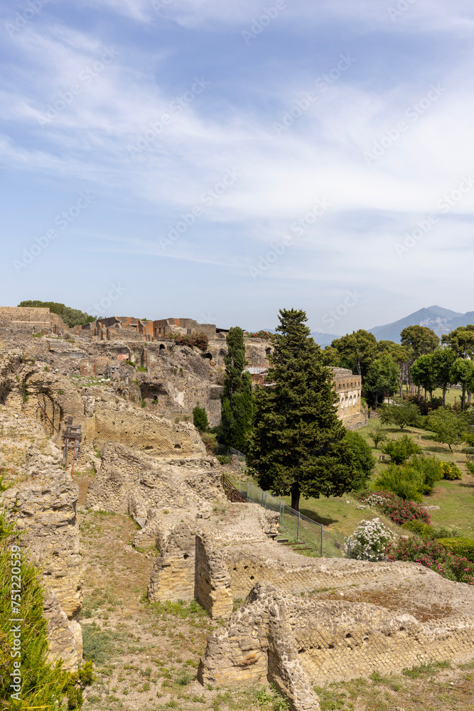 General view of ruins of an ancient city destroyed by the eruption of the volcano Vesuvius, Naples, Pompeii, Italy