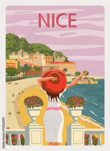 Nice French Riviera coast poster vintage. Woman on vacation, resort, coast, sea, beach. Retro style illustration vector
