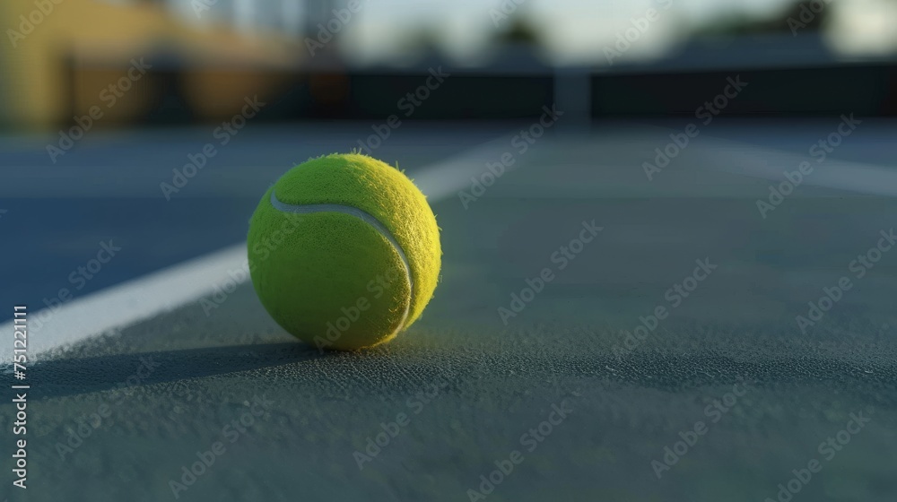 tennis ball is floating on a tennis court with an overhead. 