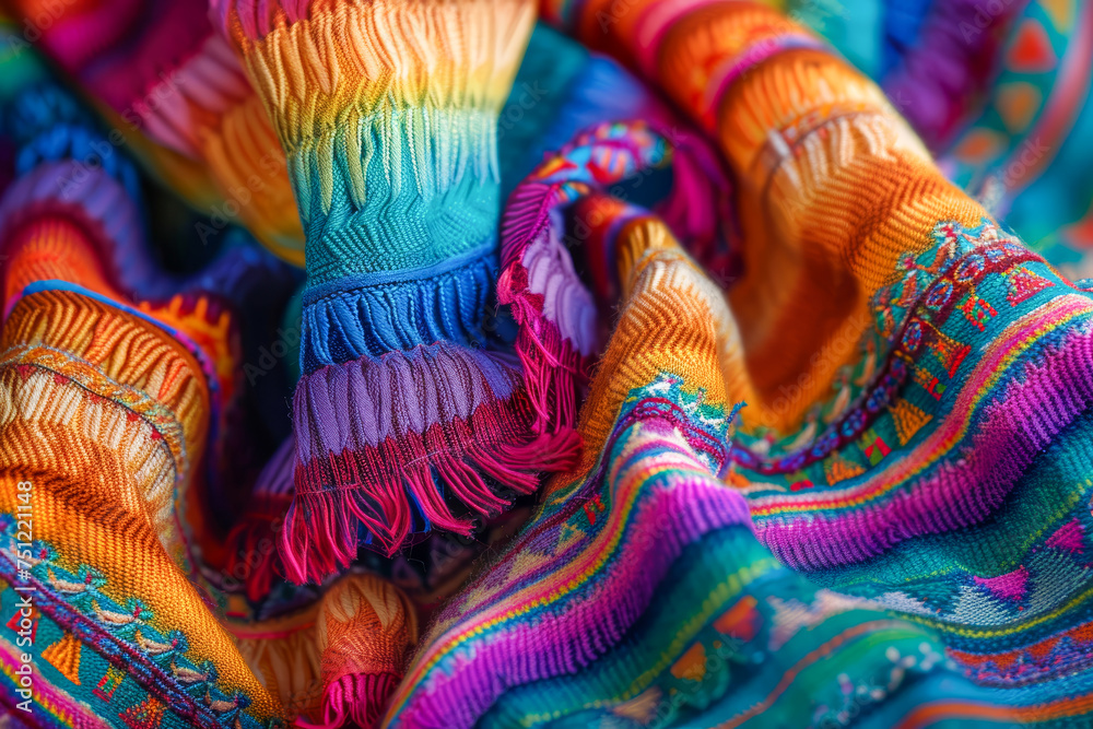 Macro shot of traditional Mexican serape blankets, highlighting the rich texture and brilliant rainbow colors of these iconic cultural textiles.