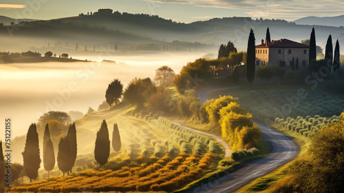Tuscany Village Landscape near Florence on a Foggy