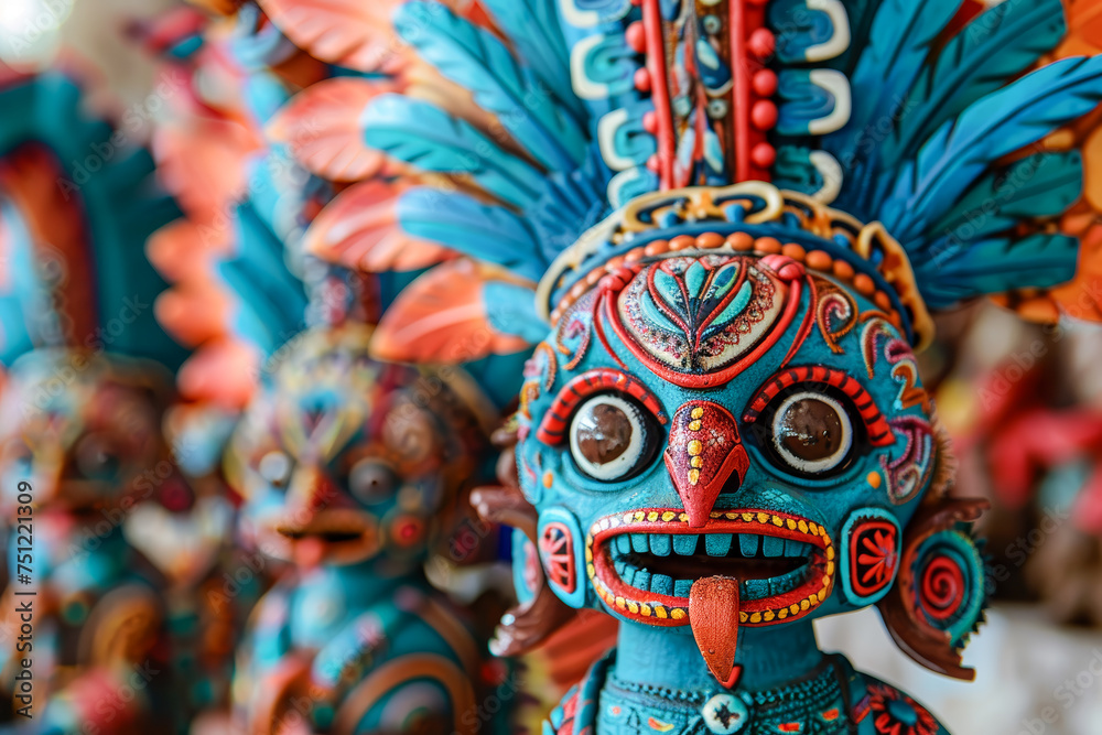 Naklejka premium Close-up of colorful and intricately decorated Alebrije, representing the unique and fantastical creatures of Mexican folk art tradition.