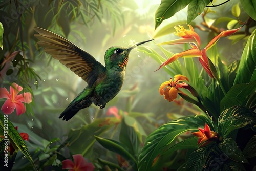A charming hummingbird sipping nectar from exotic flowers in a lush rainforest photo